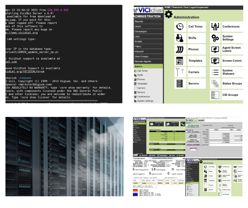 A collage of images showcasing various software interfaces and a building. Top left: command line displaying server information. Top right: an admin dashboard with multiple options. Bottom left: the exterior of a modern high-rise building. Bottom right: a software interface with multiple windows, tabs, and vicidial custom configurations.