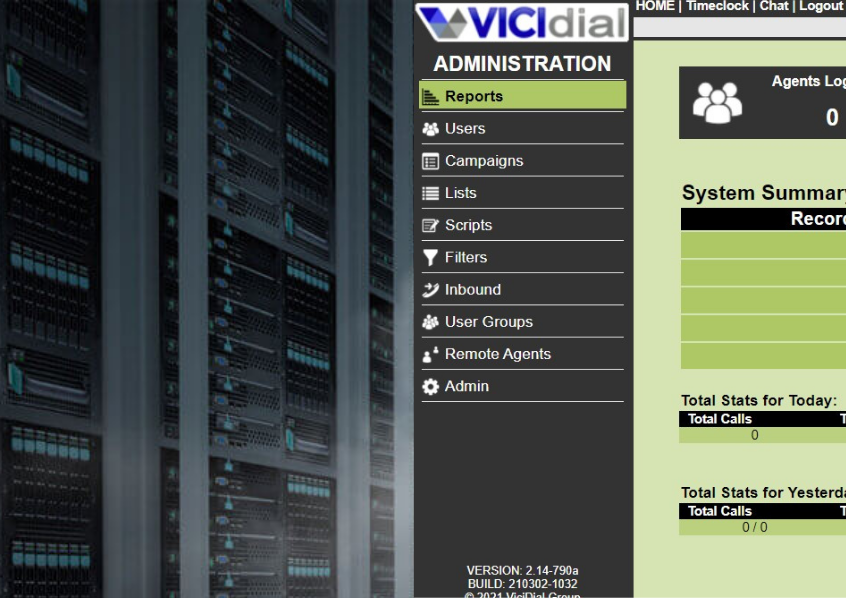 Screenshot of the VICIdial cloud auto dialer administration interface. The left panel shows menu options like Reports, Users, Campaigns, Lists, Scripts, Filters, Inbound, User Groups, Remote Agents, and Admin. The right panel displays agents logged in, system summary, and call statistics.